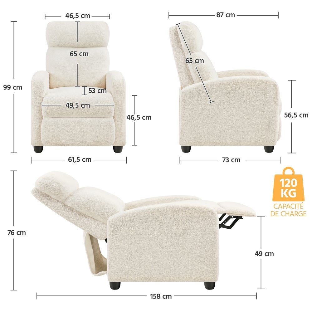 Fauteuil de Relaxation Inclinable en Tissu Bouclette Doux avec Repose Pied, Ivoire Yaheetech - 4