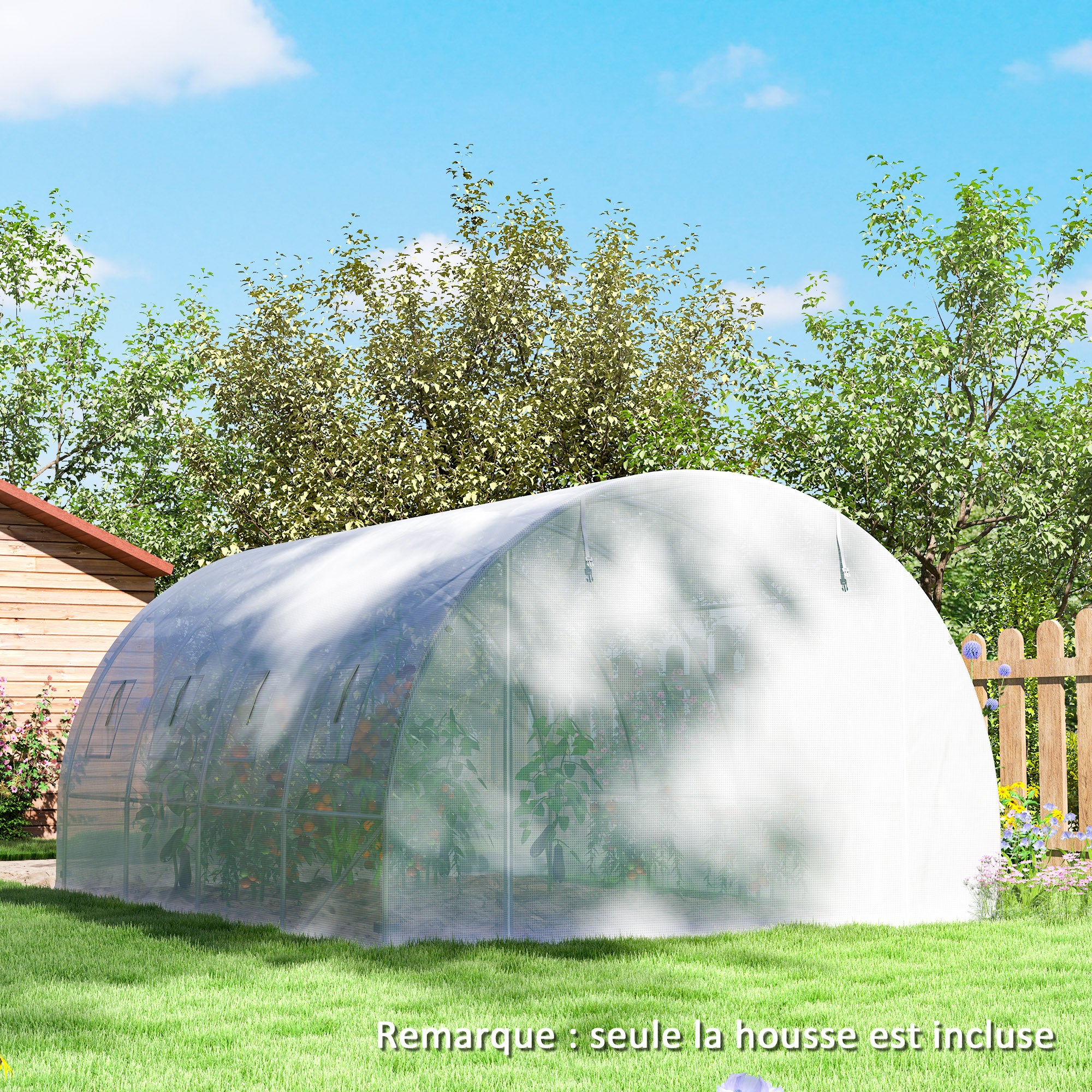 Extérieur Bâche de rechange serre tunnel 12 m² 4 x 3 x 2 m PE anti-UV imperméable 8 fenêtres + porte enroulable zippée - blanc - 9