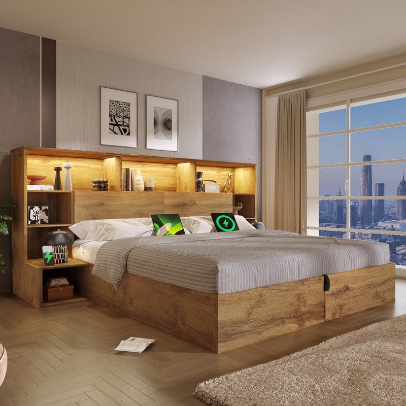 Lit 180x200 avec LED et USB, Lit Coffre 180x200 avec tables de chevet intégrées et hydrauliques, Cadre de lit En bois chêne (Sans Matelas) - 5