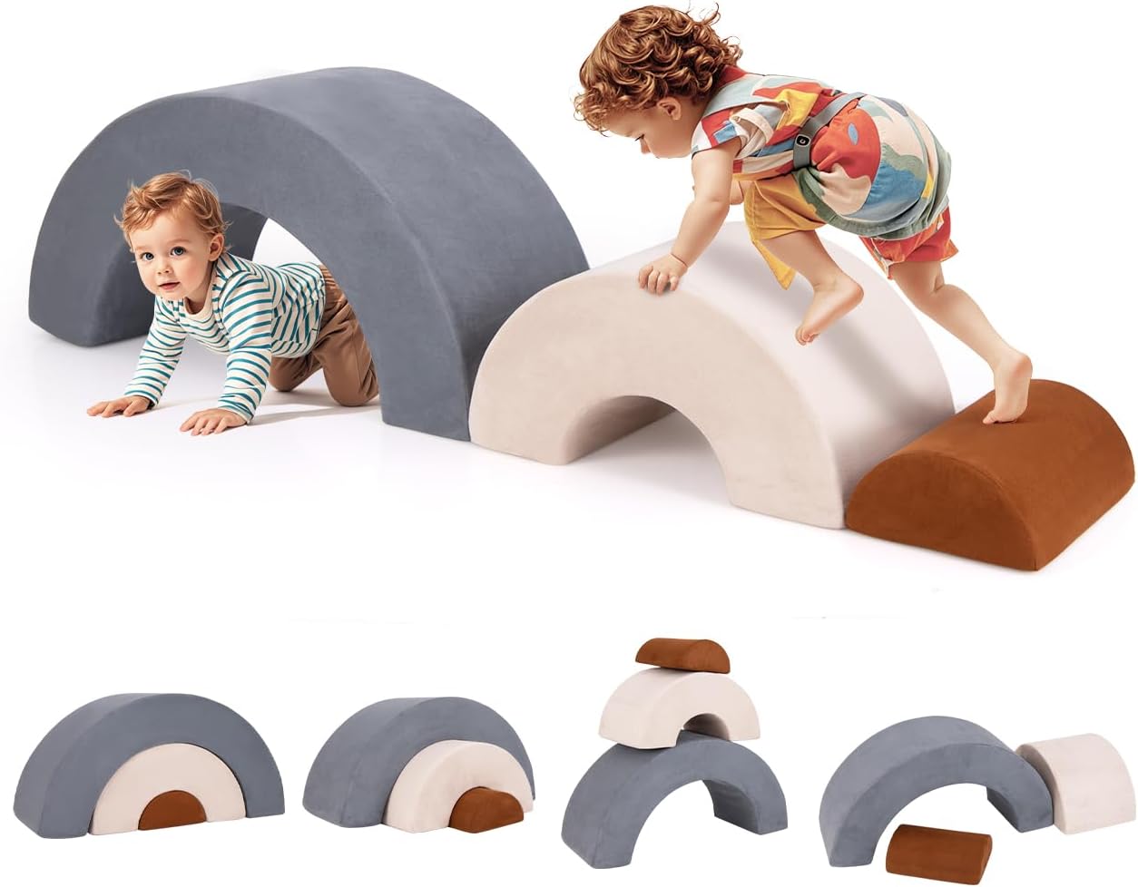 3 Szt. Tor Przeszkód dla Niemowląt, Moduł Motoryczny z Miękkiej Pianki, Zabawka Edukacyjna Arc-en-Ciel, dla Dzieci Powyżej 3 Lat (Szary)
