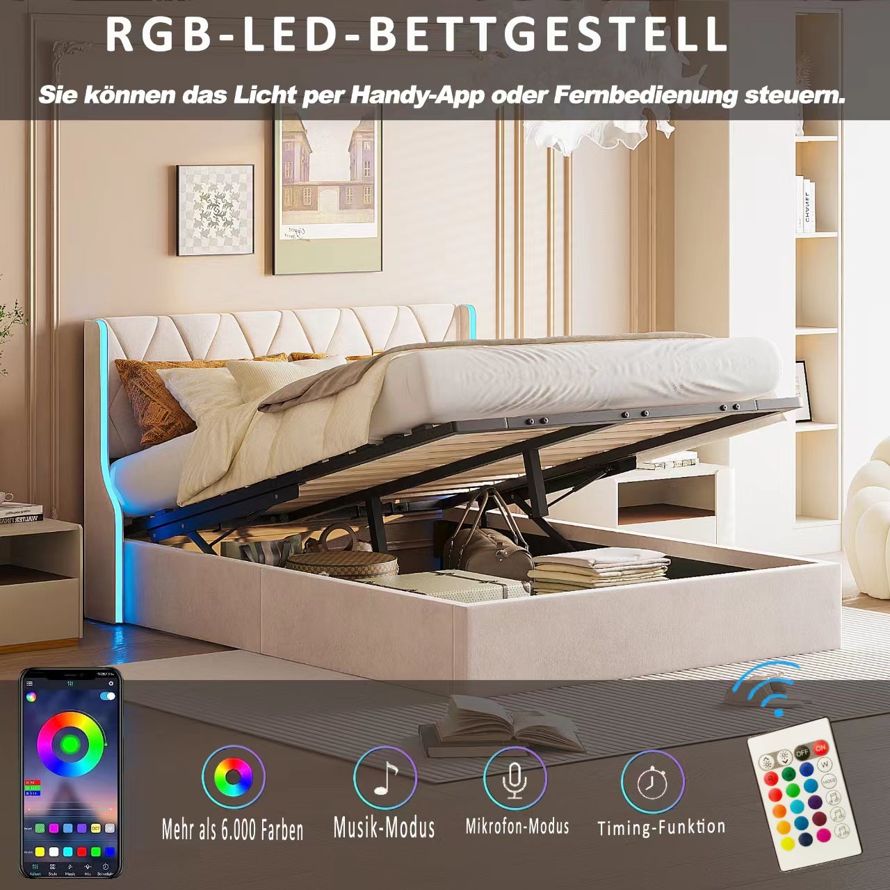 Cama Baúl 140x200 cm con Almacenamiento y LED, Cadre de Cama con Sommier de Listones, Tela de Velours - Color Beige - 6