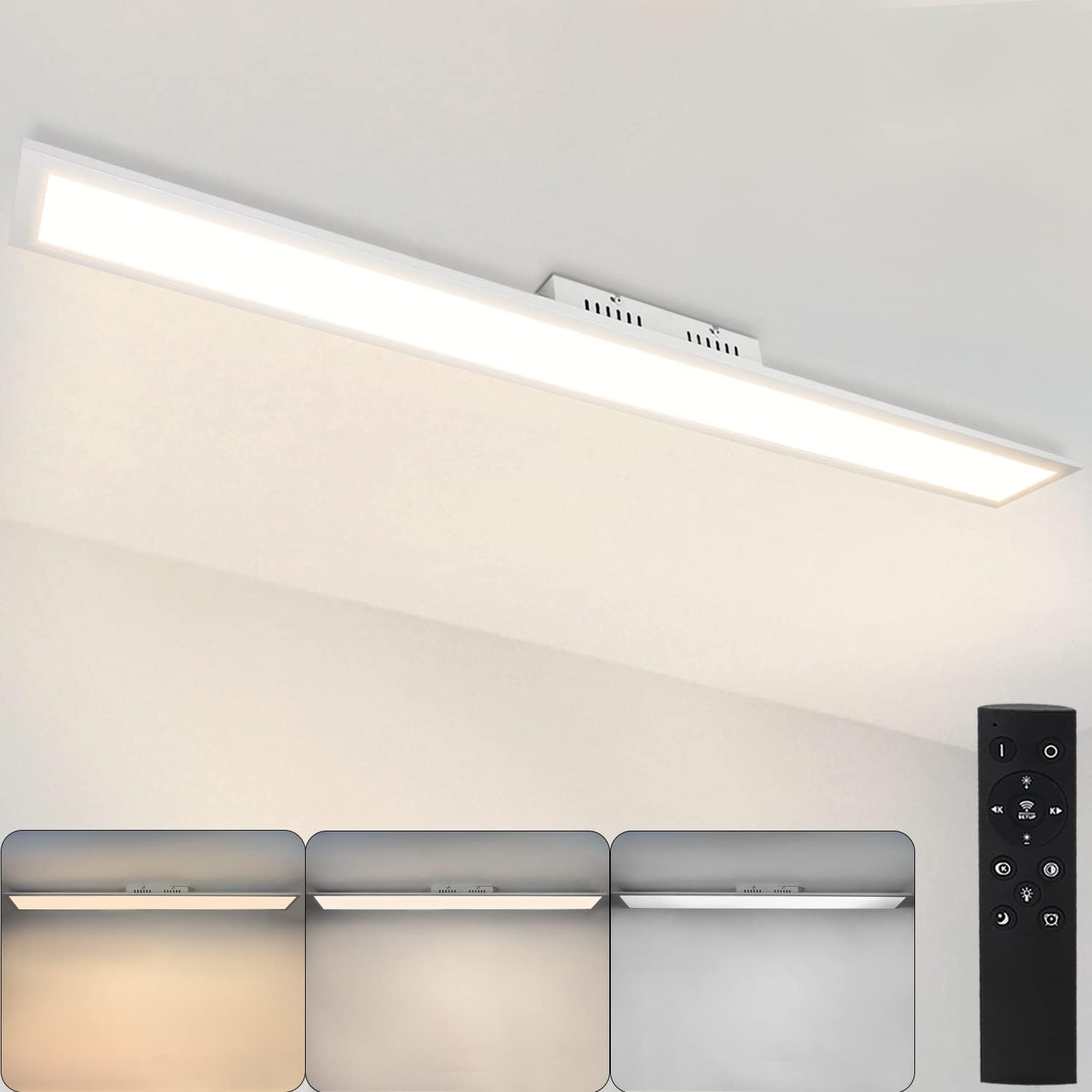 ZMH Oświetlenie sufitowe LED 42W, białe, 3360lm, 120x15cm, panel ściemnialny z pilotem do nowoczesnego salonu, sypialni, biura, kuchni, korytarza