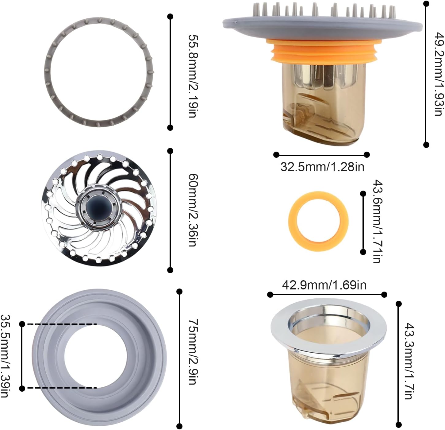 2 bouchons de douche anti-odeur - Siphon de sol avec filtre à cheveux pour douche - Convient aux trous de siphon de sol d'un diamètre de 32 à 45 mm - 2