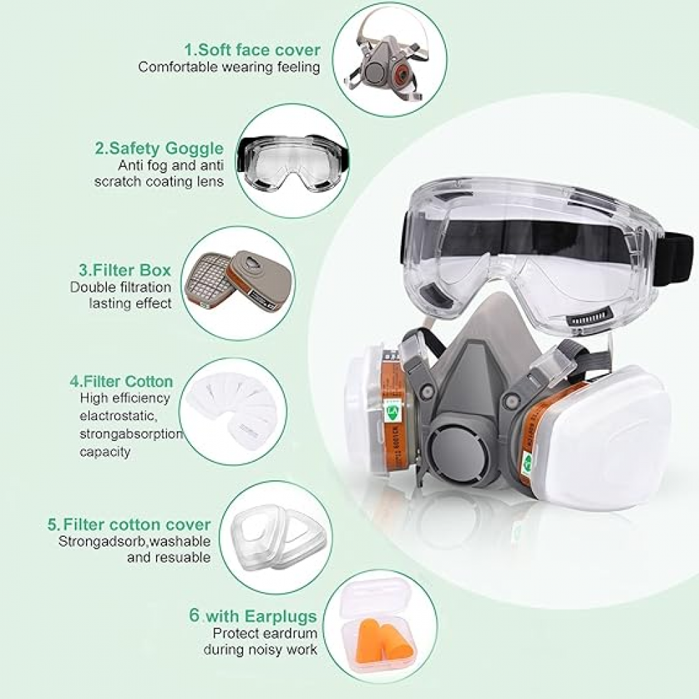 Masque de Protection Respiratoire avec Filtres + Bouchons d'Oreilles, idéal pour peinture à gaz, résine époxy, polissage et retrait de moisissures. - 4