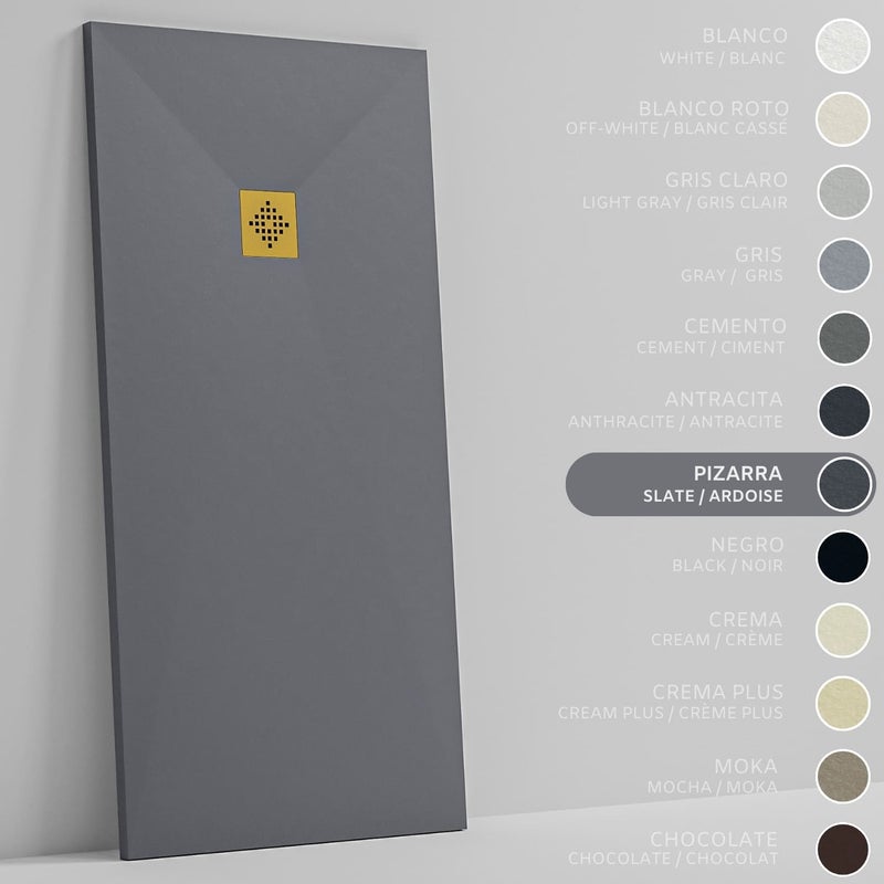 SOULHOME Brodzik prysznicowy– Żywica– Gel Coat– Gładka/Kamienna tekstura – Antypoślizgowy – łupkowy – 220X80- Niski 3 cm– Ruszt Złoty