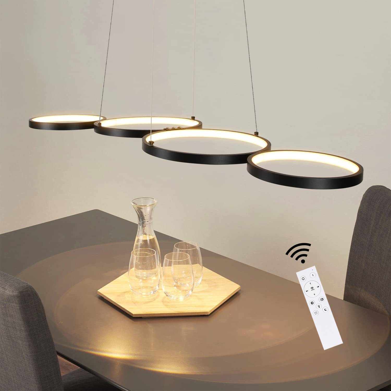 ZMH Nowoczesna lampa wisząca z 4 źródłami światła do jadalni, 88 cm, z pierścieniem, regulowana wysokość, odpowiednia do biura