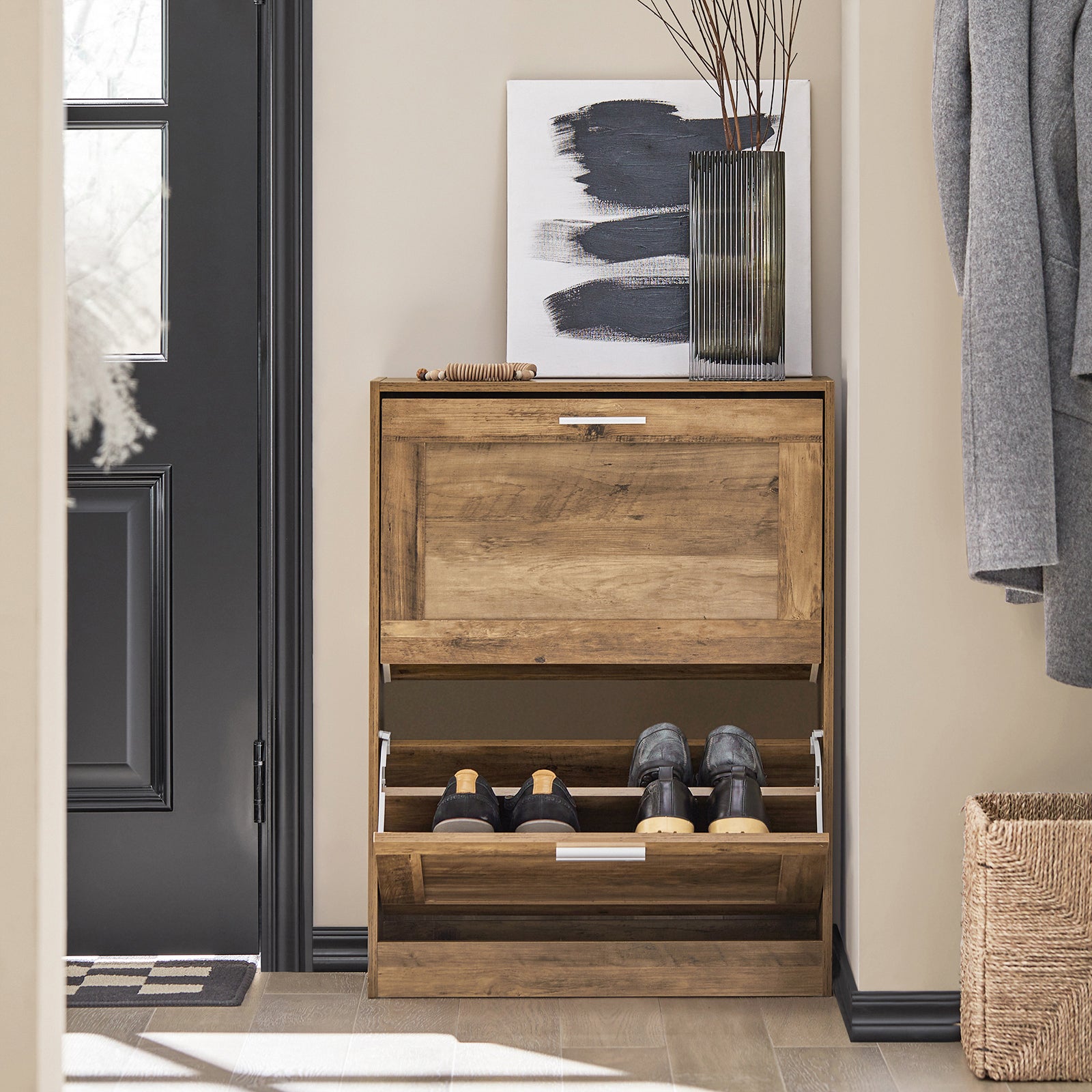 SoBuy Armoire à Chaussures Meuble de Rangement à Chaussures avec 2 Abattants, Marron, FSR137-F - 2