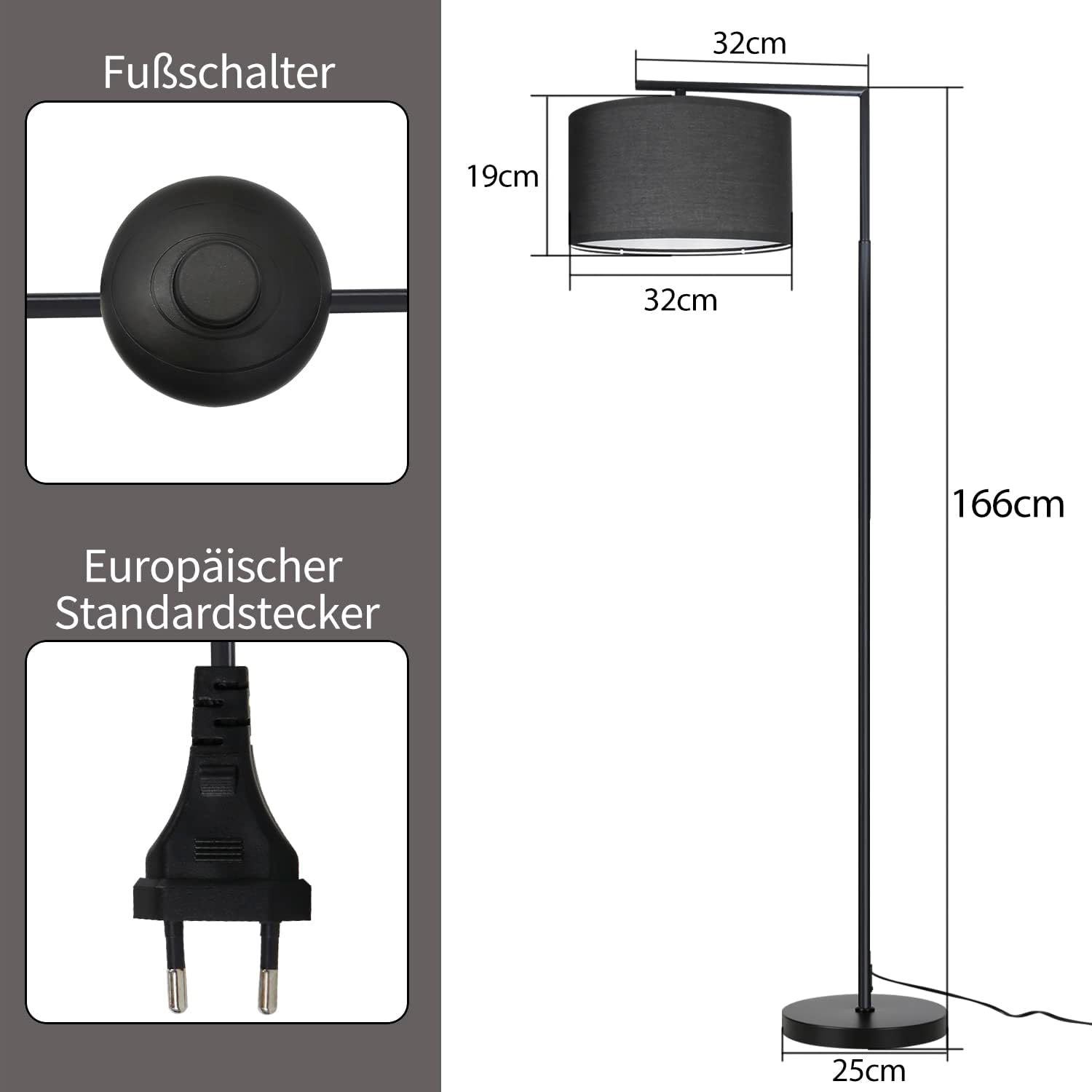 ZMH Candeeiro de pé para sala design tecido moderno lâmpada de leitura E27 com interruptor de pé - 6