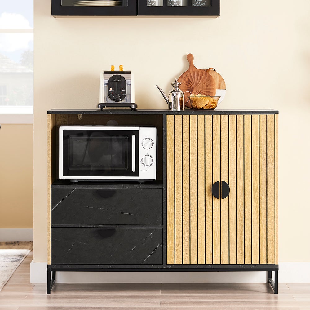 Meuble De Rangement Buffet Cuisine Avec Niche Micro-ondes - Chêne/noir, 107x40x85 Cm, étagère Réglable