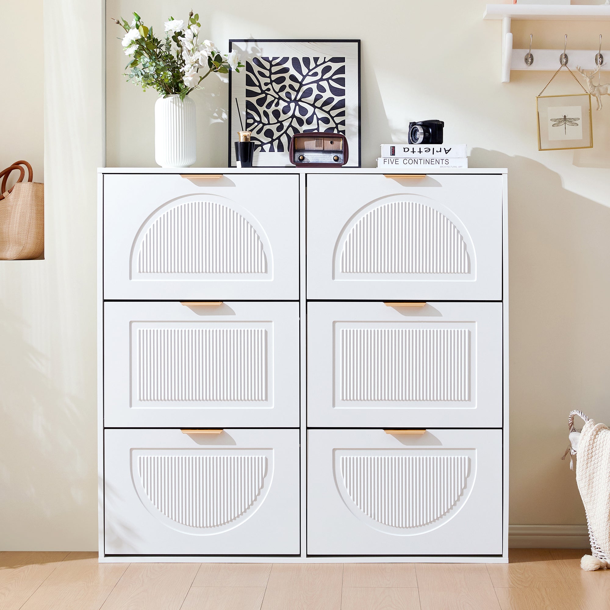 Meuble à chaussures moderne 118x25x115cm - 6 portes abattants - Blanc - 2
