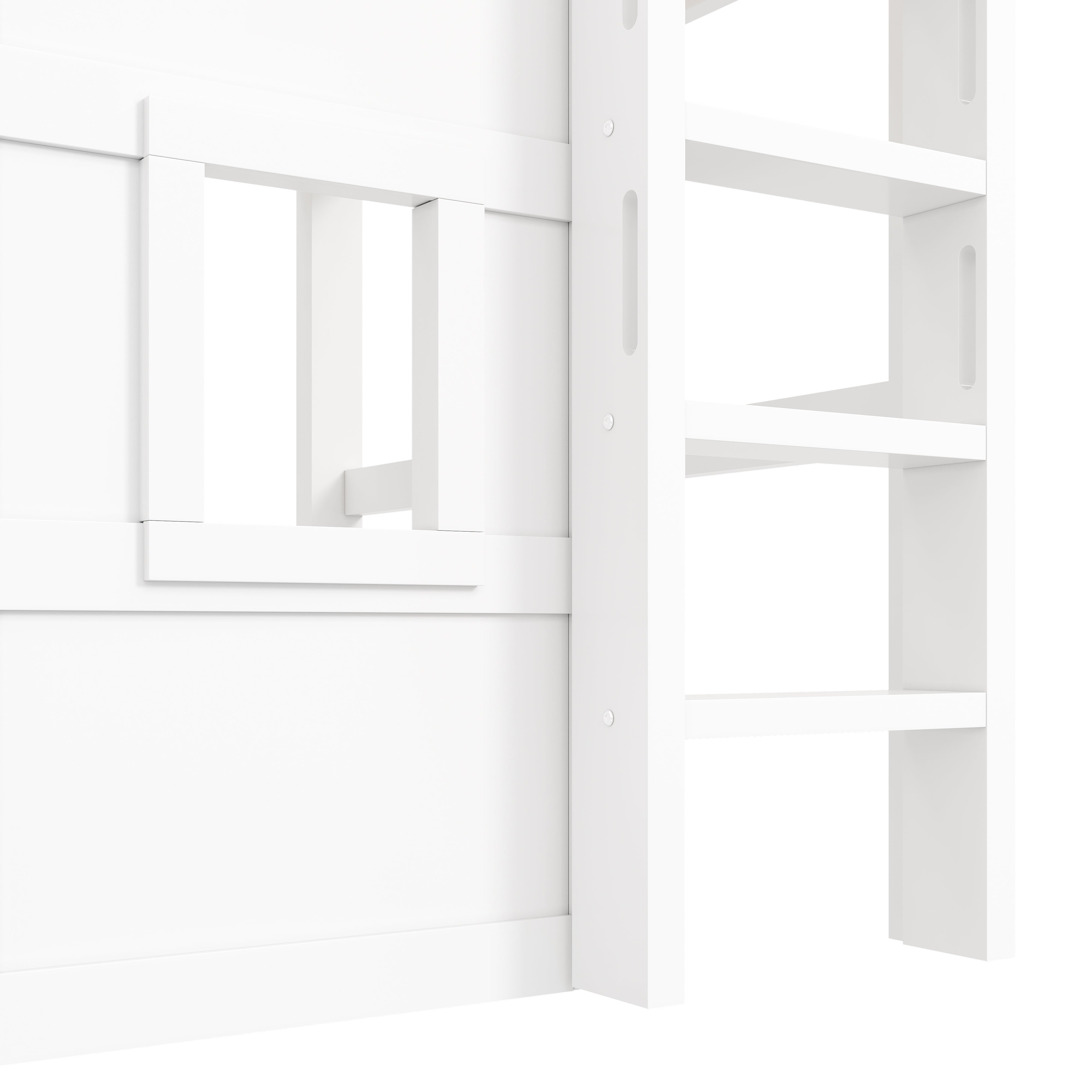 Lit mezzanine 140 x 200 cm avec armoire et 2 fenêtres - MDF + pin - LEDs - Blanc (Sans matelas) - 8