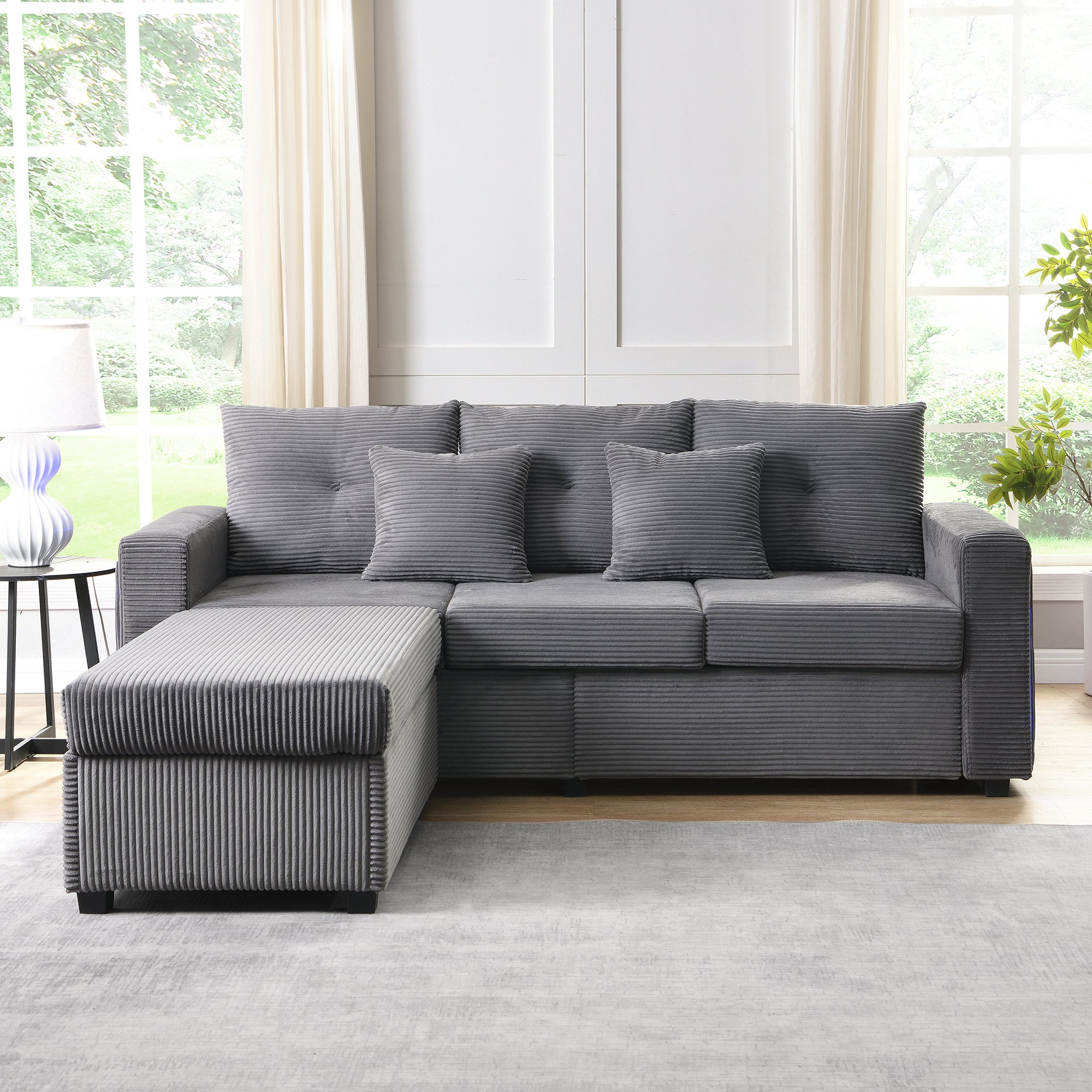 Canapé 3 places avec pouf amovible - 184 x 84.5 x 85.5 cm - Tissu en velours côtelé - LEDs - Gris antique - 4
