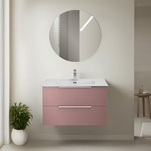 Ebern Designs Meuble-lavabo en bois massif avec lavabo en céramique 3 tiroirs et portes à