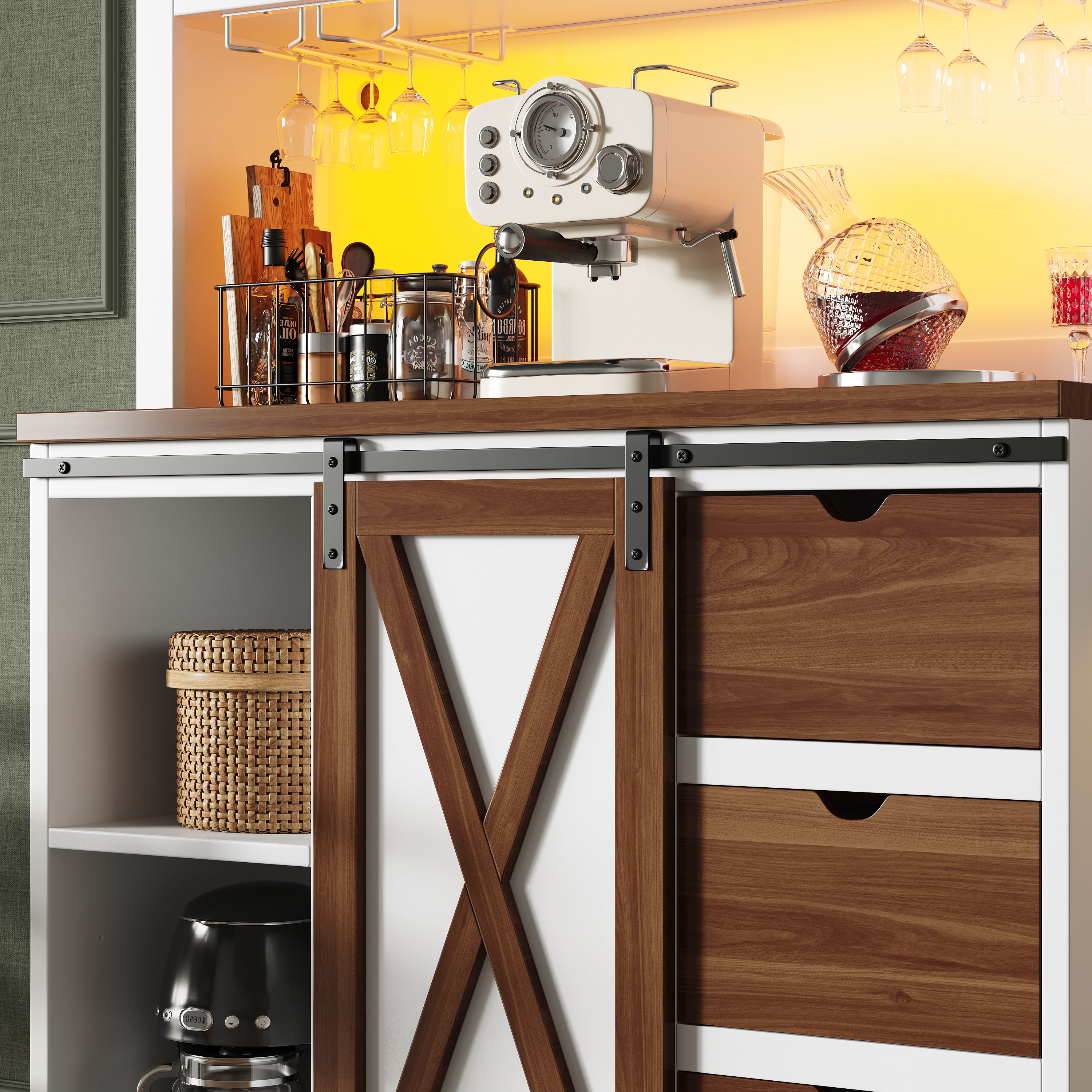 Buffet de cuisine haut avec porte coulissante style grange - Éclairage LED intelligent - 7