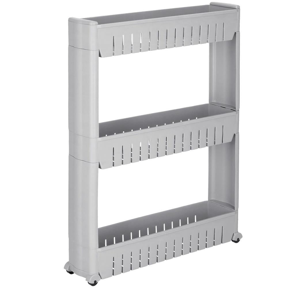 Sistem rafturi depozitare roti bucatarie baie 3 polite, 54x13x70 cm, pliabil, gri
