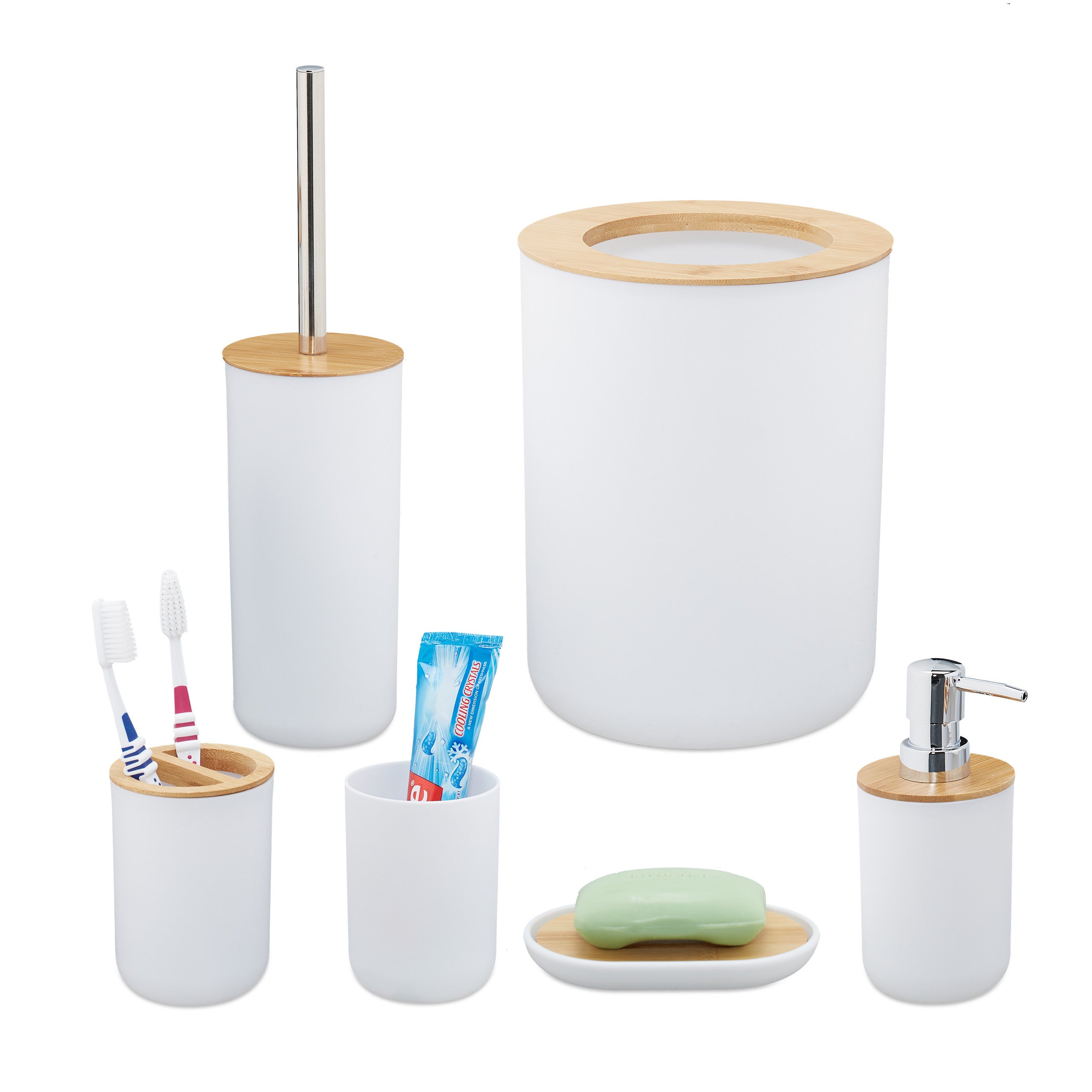 Set Bagno 4 Pezzi In Bambù E Plastica – Porta Spazzolino, Erogatore Lozione, Portasapone, Bicchiere – Bianco, 450 Ml