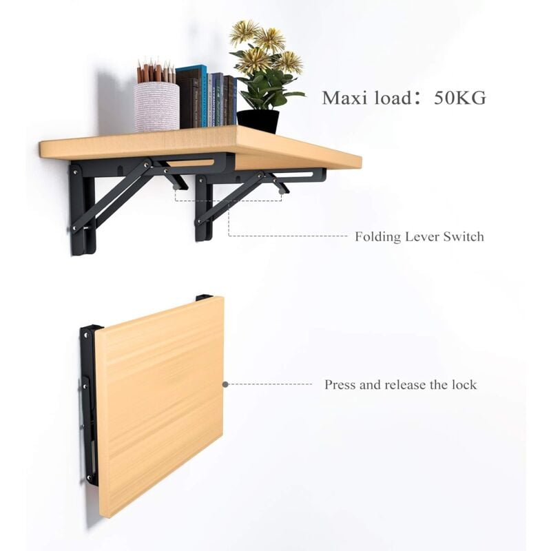 2PCS Support d' Étagères Pliable 400mm Équerre Pliante Étagère Murale Support Pliante Robuste Noir Support Console Pliable Murale 80KG Porteur - 2