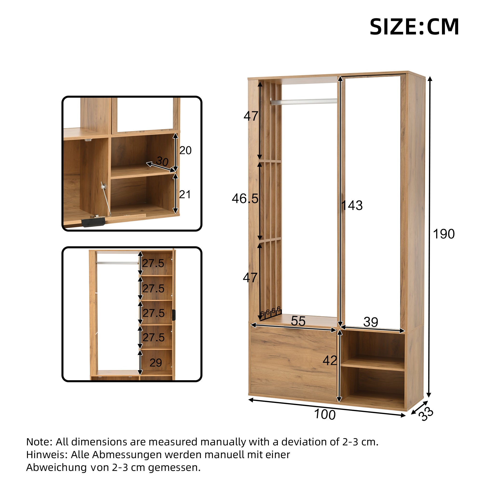 Ensemble vestiaire d'entrée 100x33x190cm - avec meuble à chaussures - avec miroir - 2 portes - panneaux de particules - naturel - 6