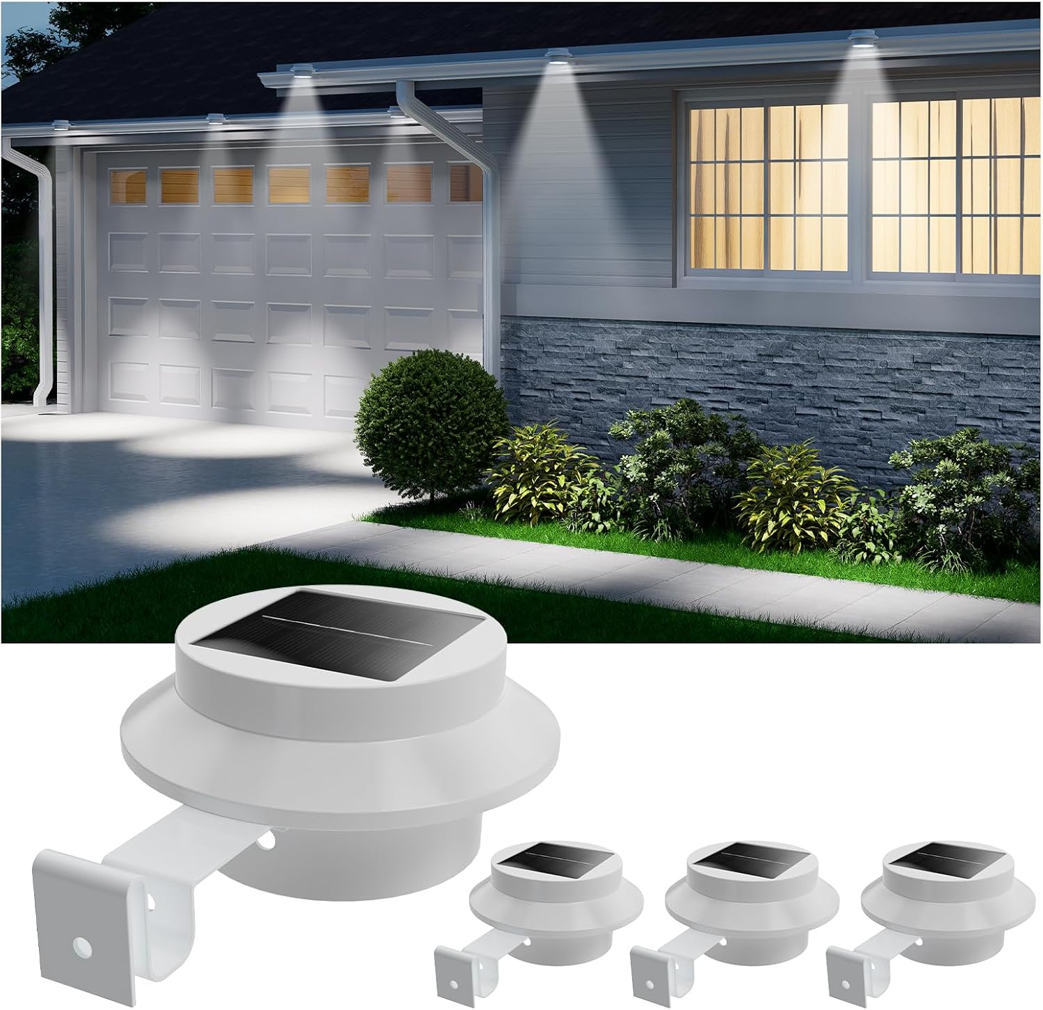 Zestaw 4 białych lamp solarnych rynnowych, wodoodpornych lampek LED do ogrodzeń zewnętrznych, odpowiednich do oświetlenia dziedzińca, białe światło.