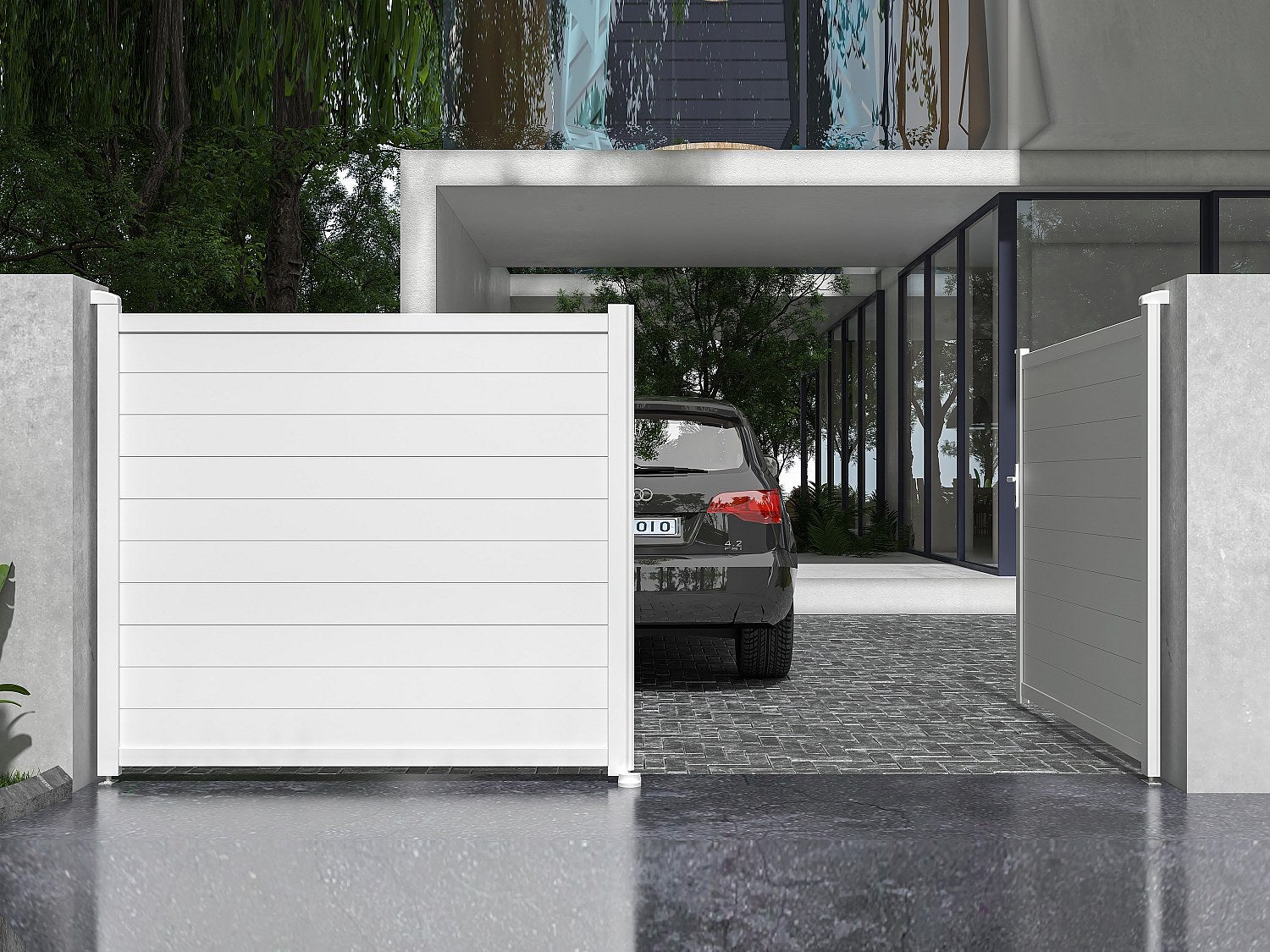 Portón eléctrico corredero de aluminio ancho 374 x alt. 180 cm blanco ...