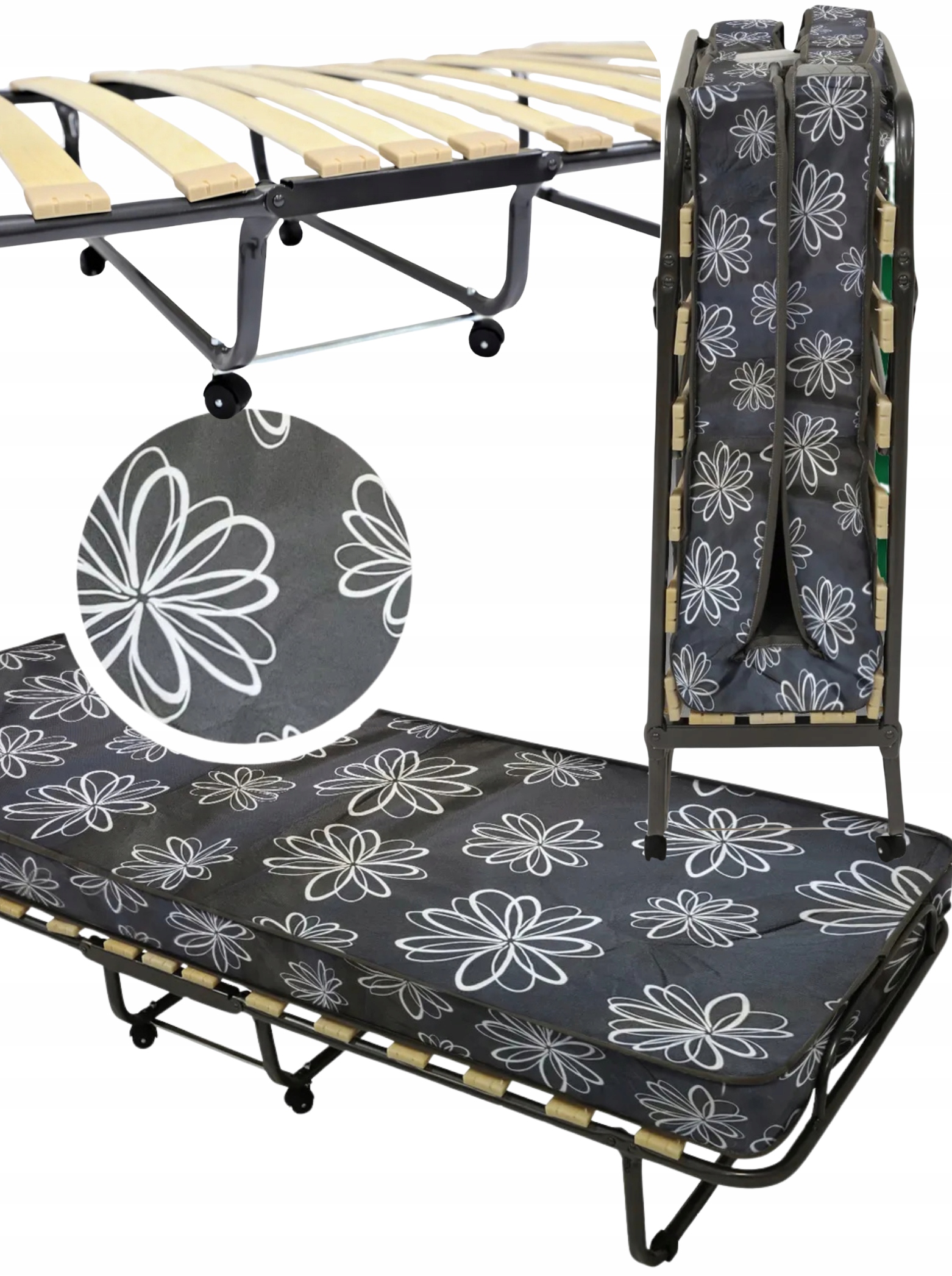 Łóżko gościnne polowe turystyczne składane z materacem i kółkami 80x190 cm - kolor szary