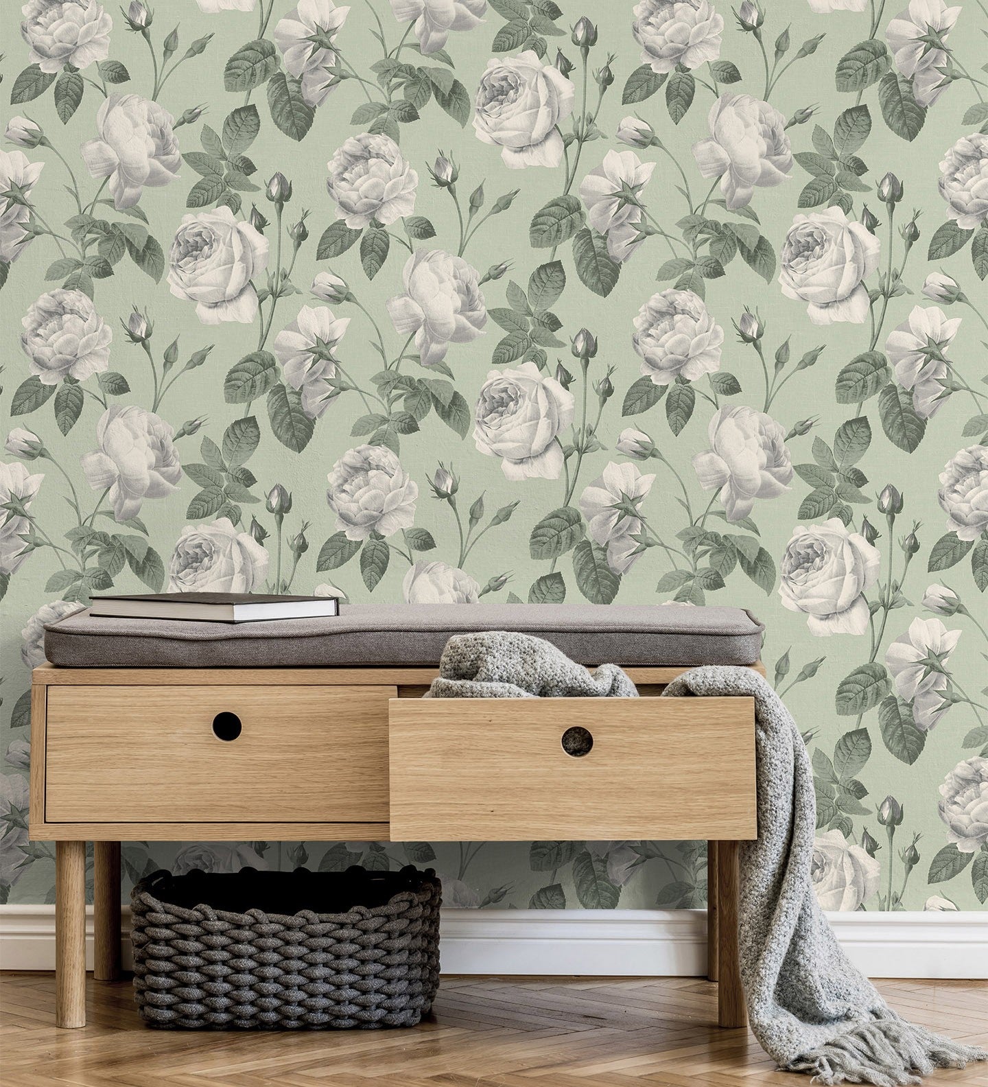 Papel pintado vinílico lavable de flores románticas vintage fondo verde - marietta 681322 de gaulan - rollo de 10 m x 0,53 m