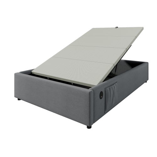 Lit Coffre Double 160×200 Cm Avec Lampe De Lecture Et Port USB, Lin Gris - Lit Double