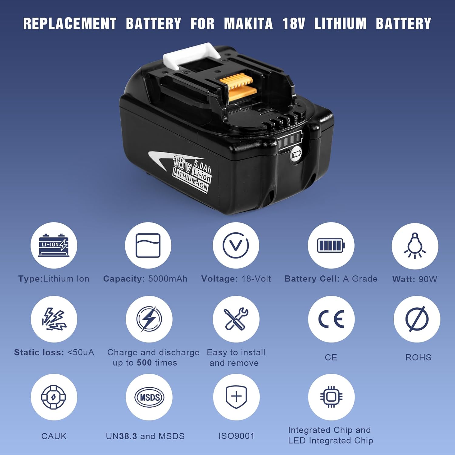 Batterie de Remplacement 5,0 Ah pour Makita 18V BL1860 BL1820 BL1830B BL1840B BL1850B BL1815B BL1835B LXT400 Li-ION LXT Batterie - 5