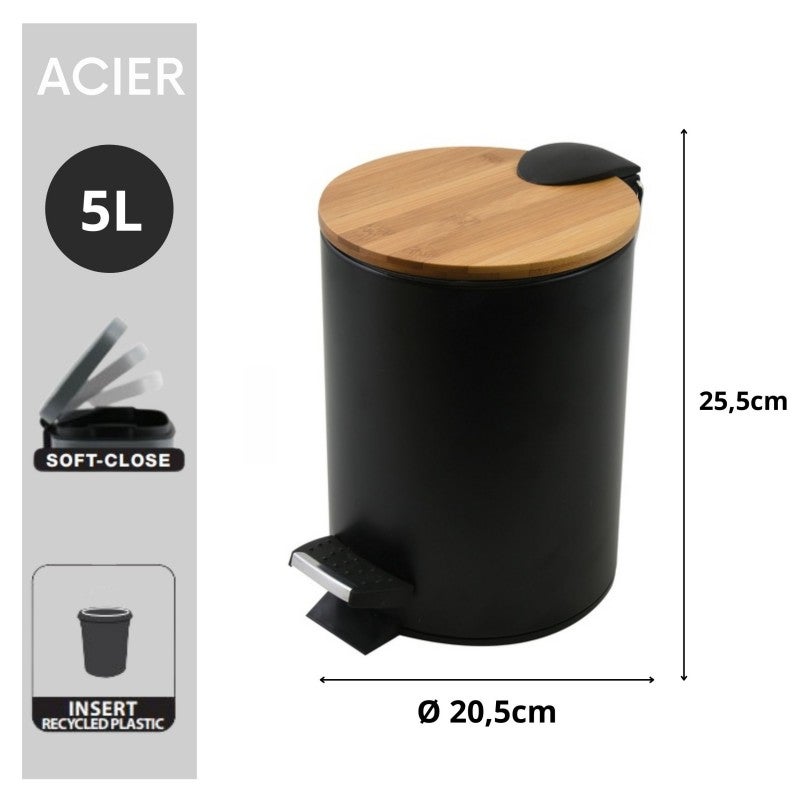 Poubelle à pédale Acier & Bambou ADONIS 5L Noir Spirella - 3