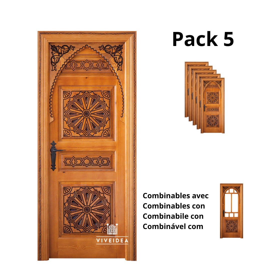 Pack 5 puerta interior una hoja, rústica, tallada, artesanal, madera pino gran calidad, herrajes forja, acabada en nogal a la cera, mod.cúrcuma ya2
