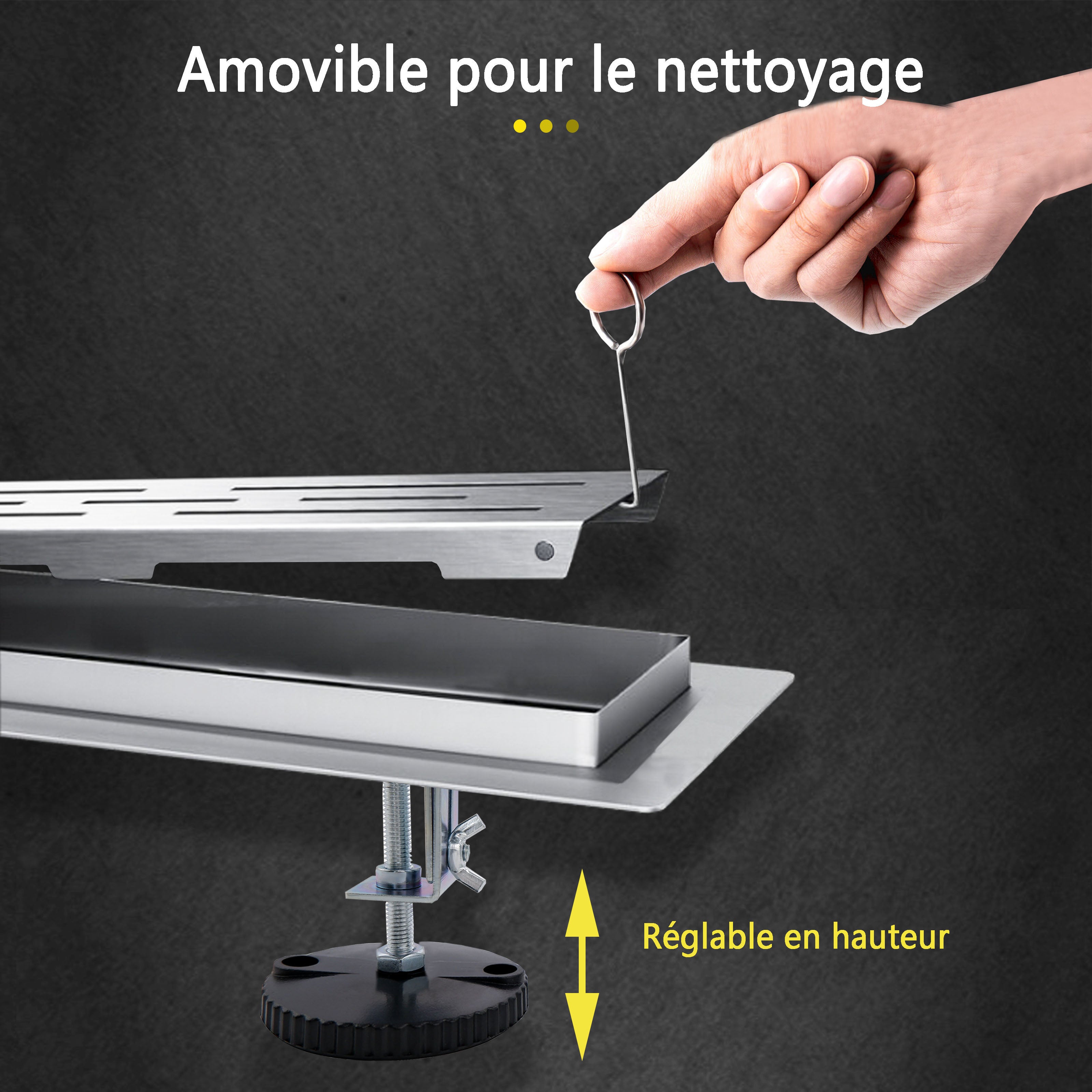 OCEAN caniveau de douche en acier inoxydable italien + siphon 360°, réglable en hauteur, avec désodorisant et avec filtre à cheveux 80 cm - 3