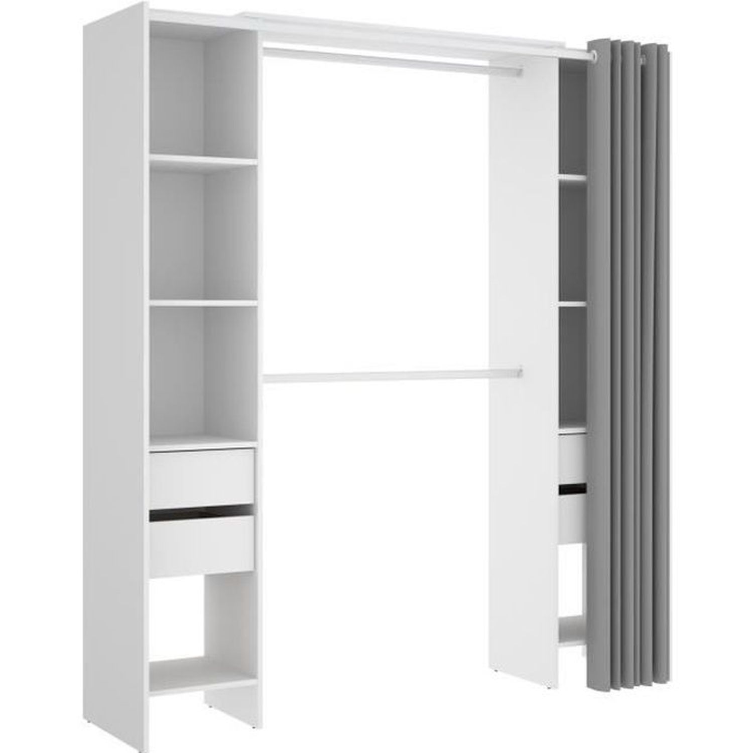 Spogliatoio Con Tenda ISTAR - Guardaroba Aperto Con 2 Aste, 4 Scaffali E Cassetto - Bianco - 160x50x205 Cm