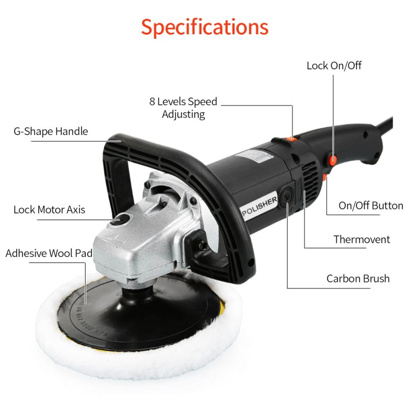 Machine à polir électrique 1400W, Polisseuse main M14 180mm, Vitesse variable, Noir, Entretien peinture voiture, Carrelage marbre, Plug EU - 4