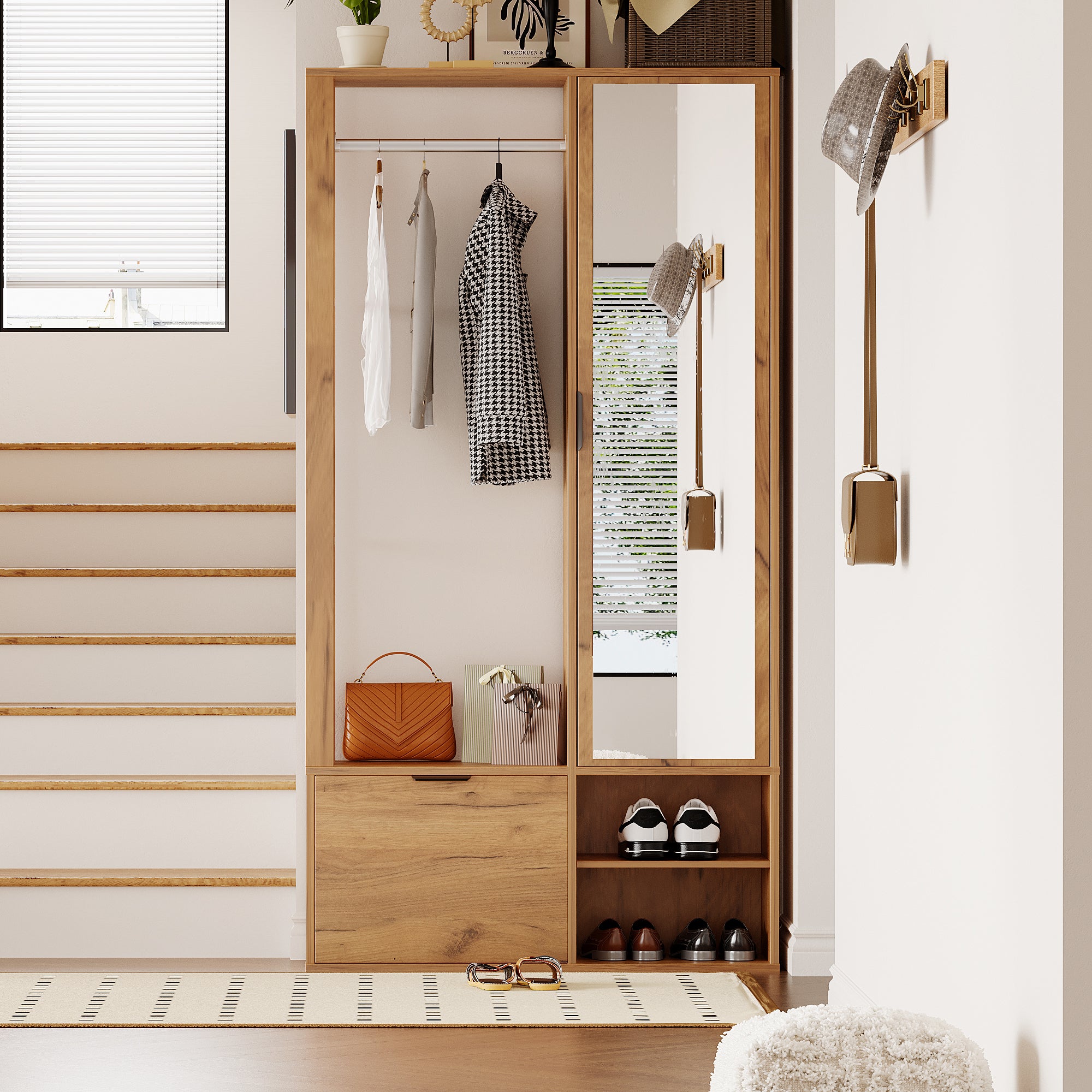 Meuble d'entrée avec 2 Armoires 9 Compartiments Miroir et Penderie ouverte pour Entrée en Panneau Naturel 100 × 33 × 190 cm - 2