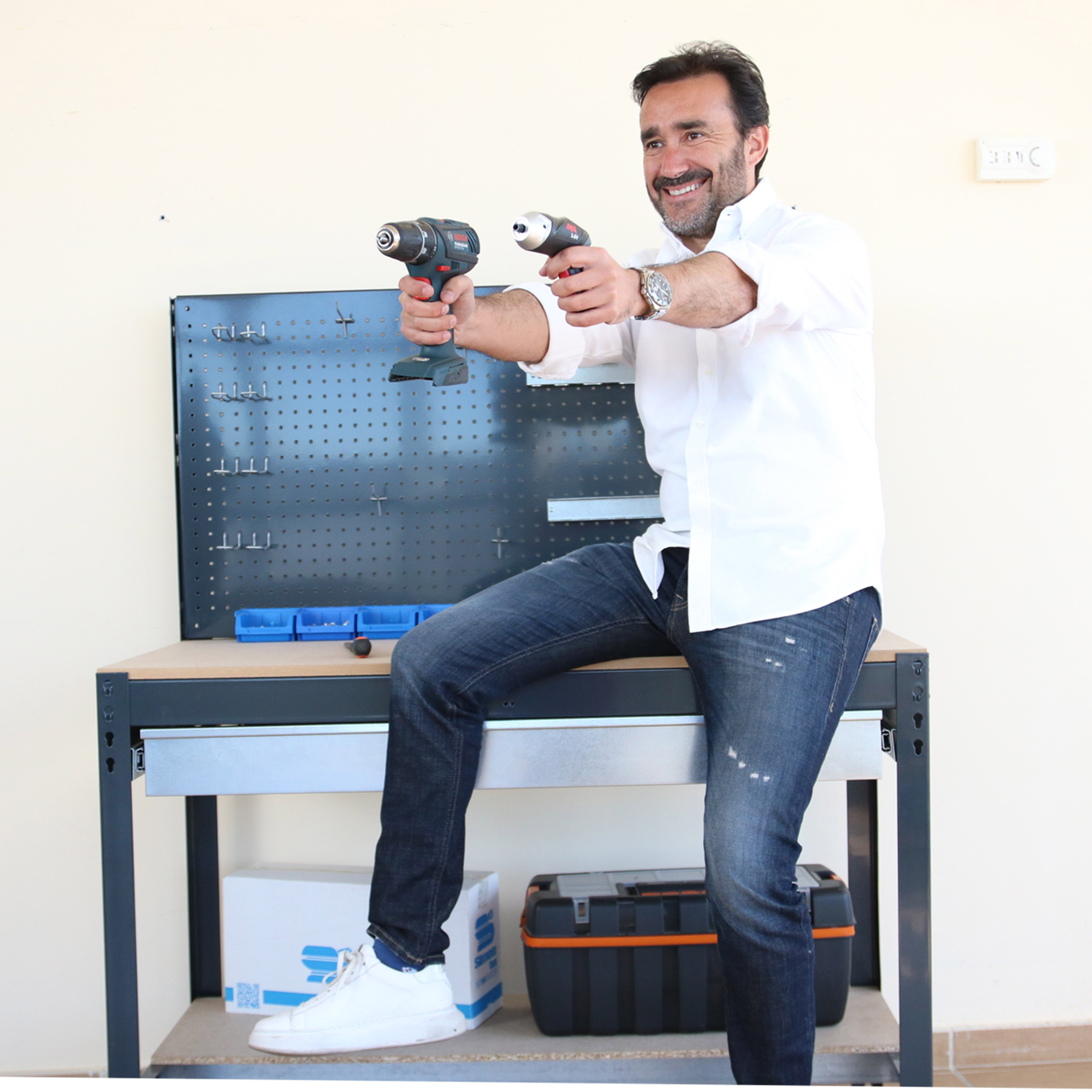 Bancada de trabalho SIMONWORK com 2 prateleiras (144,5x151x61cm) ANTRACITE E MADEIRA - 3