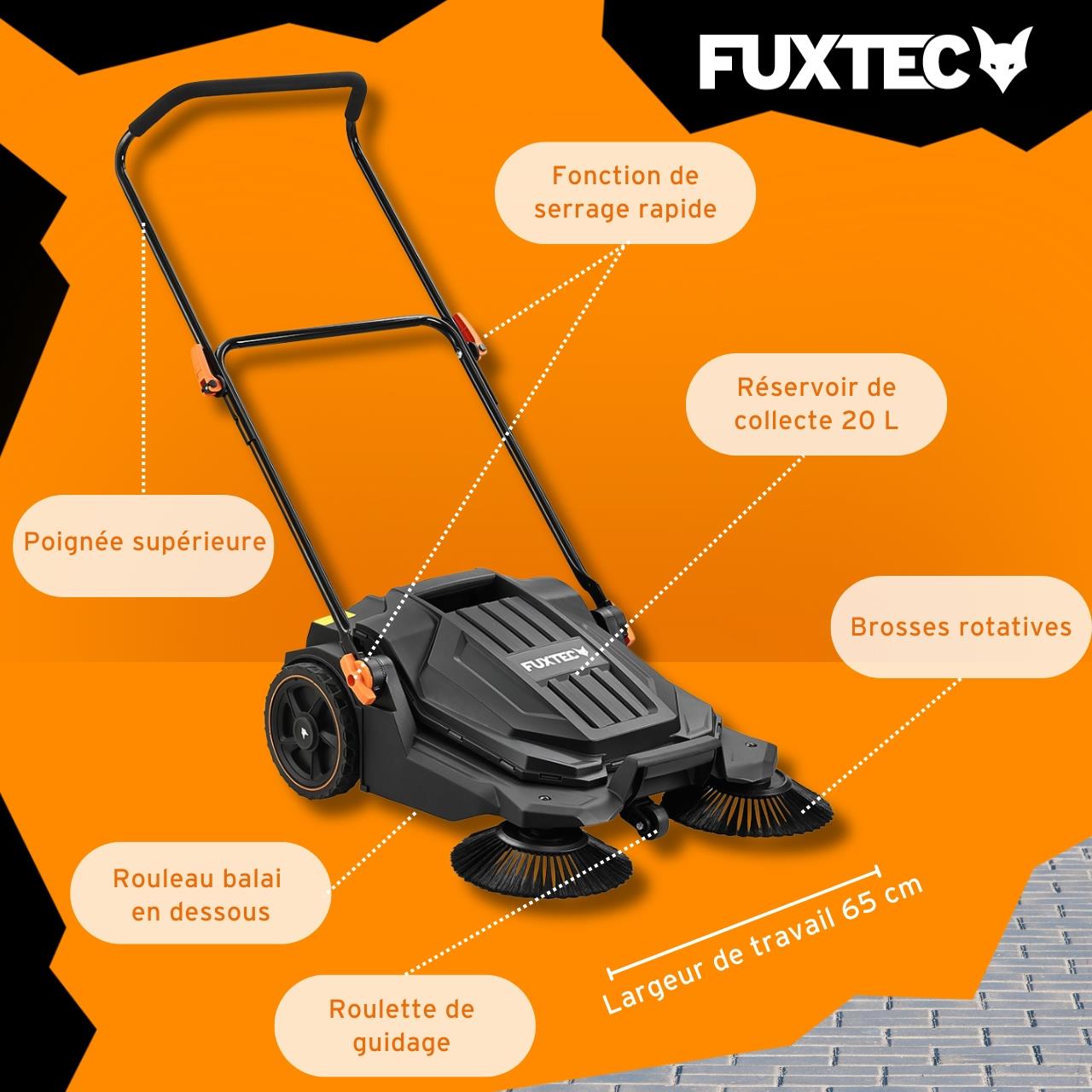 FUXTEC FX-HK65 - Barredora manual para exteriores, ancho de trabajo 650mm, depósito 20L, ideal para superficies hasta 2000m² - 5