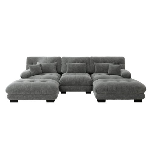 Canapé d'angle, canapé en U pour salon à 3 place avec pouf amovible, en tissu, gris - 5