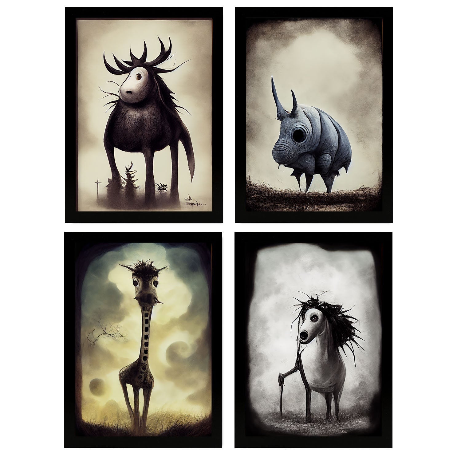 Set de 4 posters cuadrúpedos estilo t burton ilustraciones y pósters de animales inspirados en el arte gótico y oscuro de burton diseño y a4 sin marco