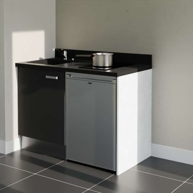 Kitchenette K08L - 120 cm a Noir - Nero - Plan monobloc quartz évier à gauche