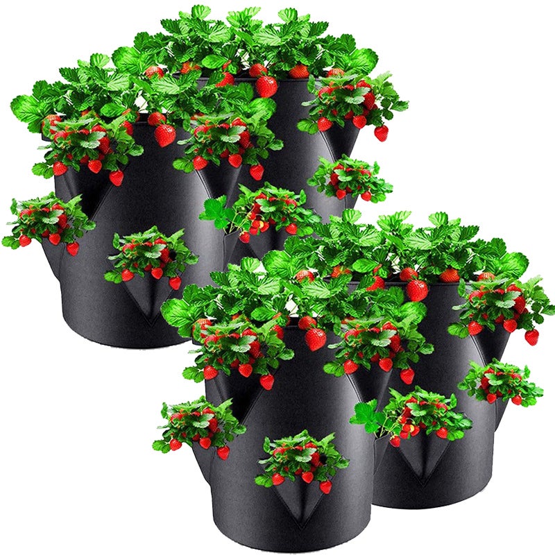 Zestaw 4 donic do sadzenia truskawek z 8 otworami z wzmocnioną torbą do sadzenia z uchwytem, czarne, 10 galonów, 35*45 cm