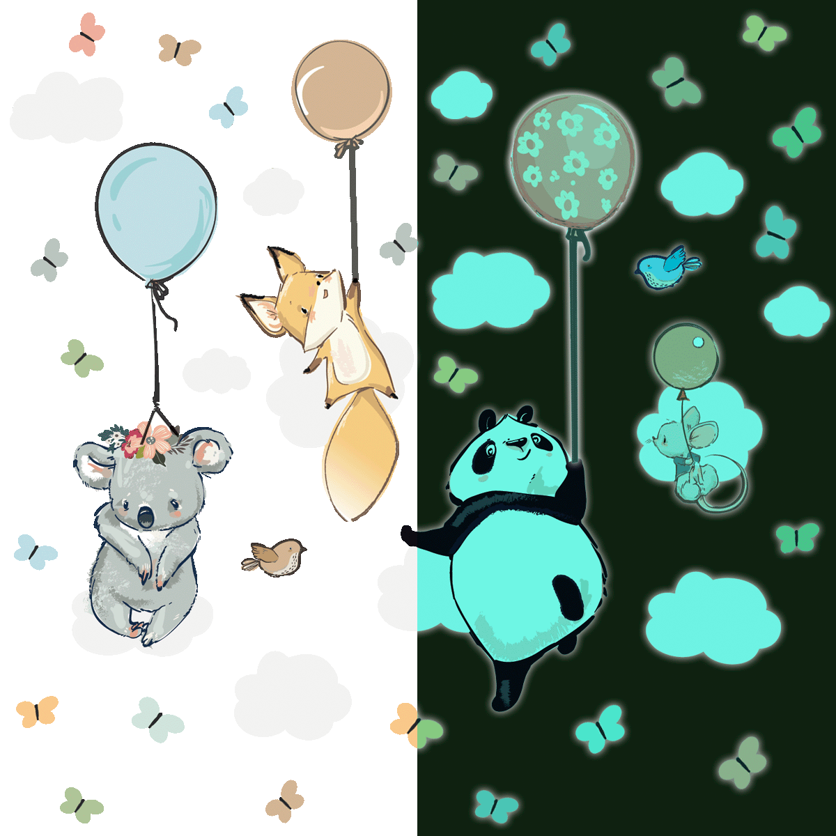 Adesivi fosforescente felici animali volanti - Sticker adesivo - adesivi murali - 160x120cm - 2