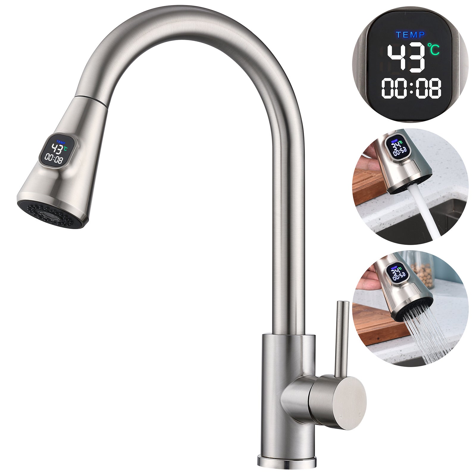 Bateria kuchenna z wyświetlaczem LED temperatury - Obrotowa o 360° bateria ze stali nierdzewnej 304 z wyciąganą 2-natryskową głowicą prysznicową