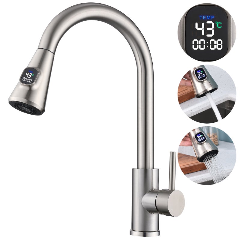 Bateria kuchenna z wyświetlaczem LED temperatury - Obrotowa o 360° bateria ze stali nierdzewnej 304 z wyciąganą 2-natryskową głowicą prysznicową