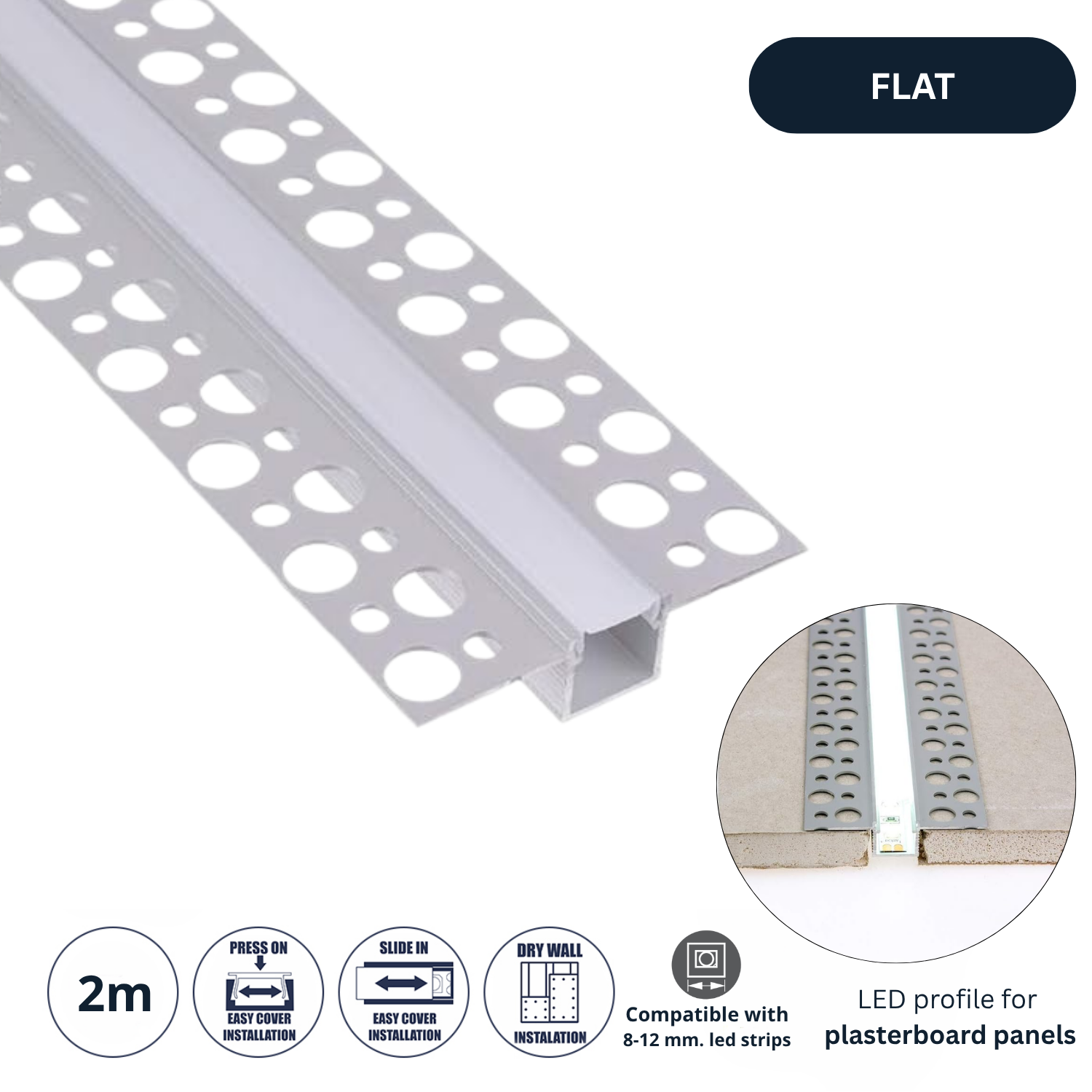 2 Mètres - Profilé Plat pour Ruban Led - Profil Aluminium pour Assemblage de Panneaux Placoplatre Plaque de plâtre - Barre Rail + Coque - 2
