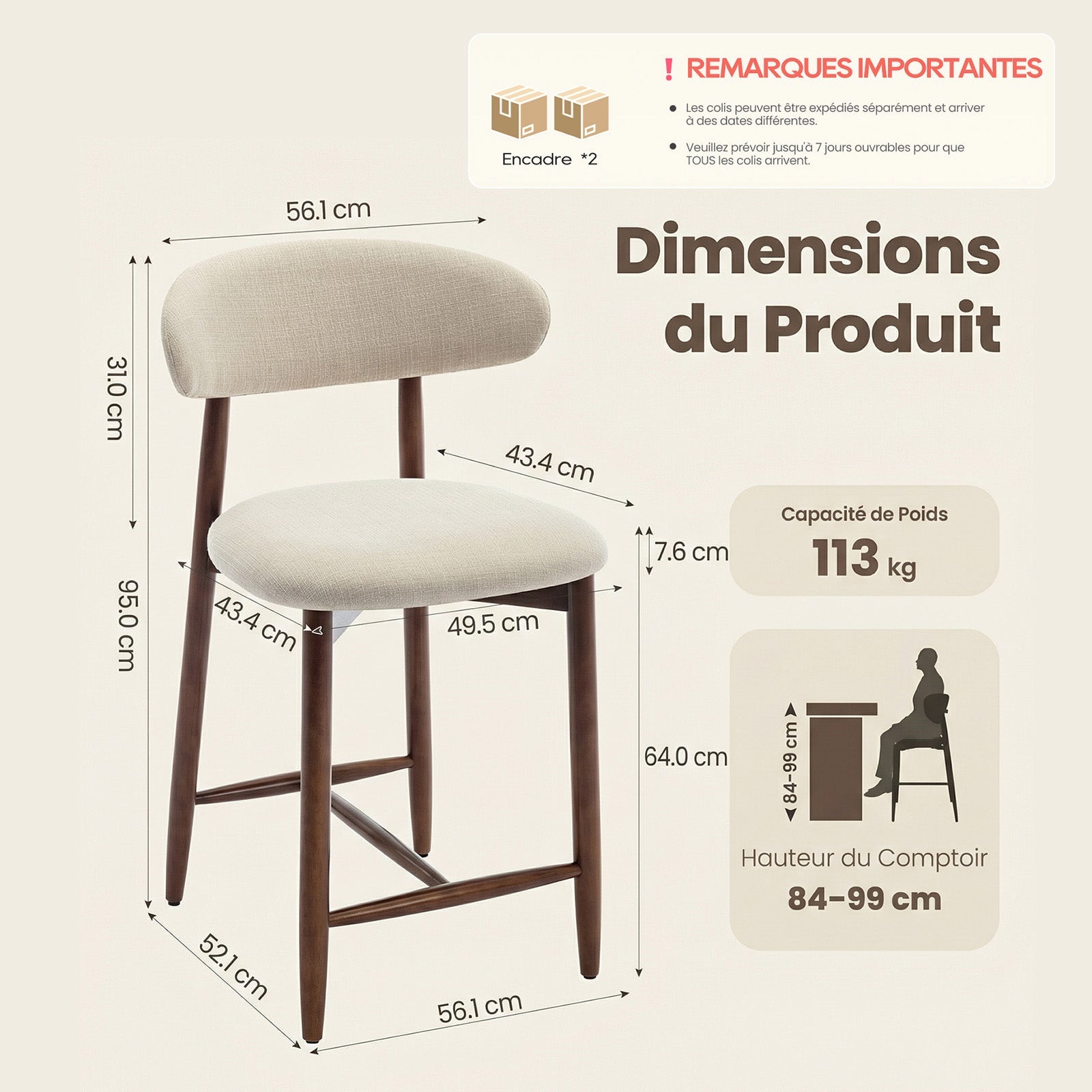 Lot de 2 Chaises de Bar Modernes, Assise Confortable en Tissu, Structure en Bois, Beige - 2