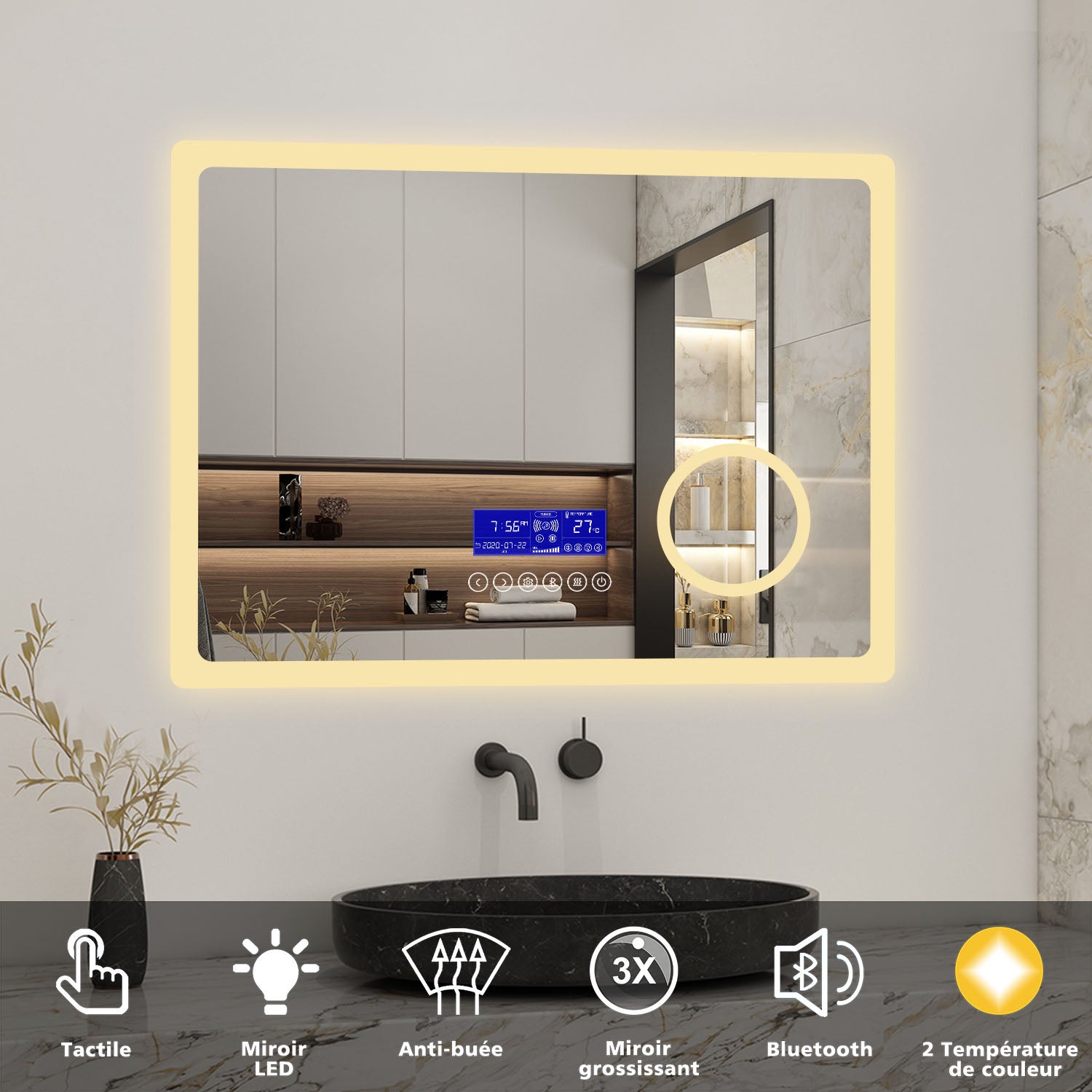 AICA Miroir de Salle de Bain LED avec Bluetooth 80x60cm, Miroir Lumineux avec Horloge + 3 Couleurs + Dimmable + Anti-buée + Grossissant 3X,Miroir Mural Interrupteur Tactile Étanche