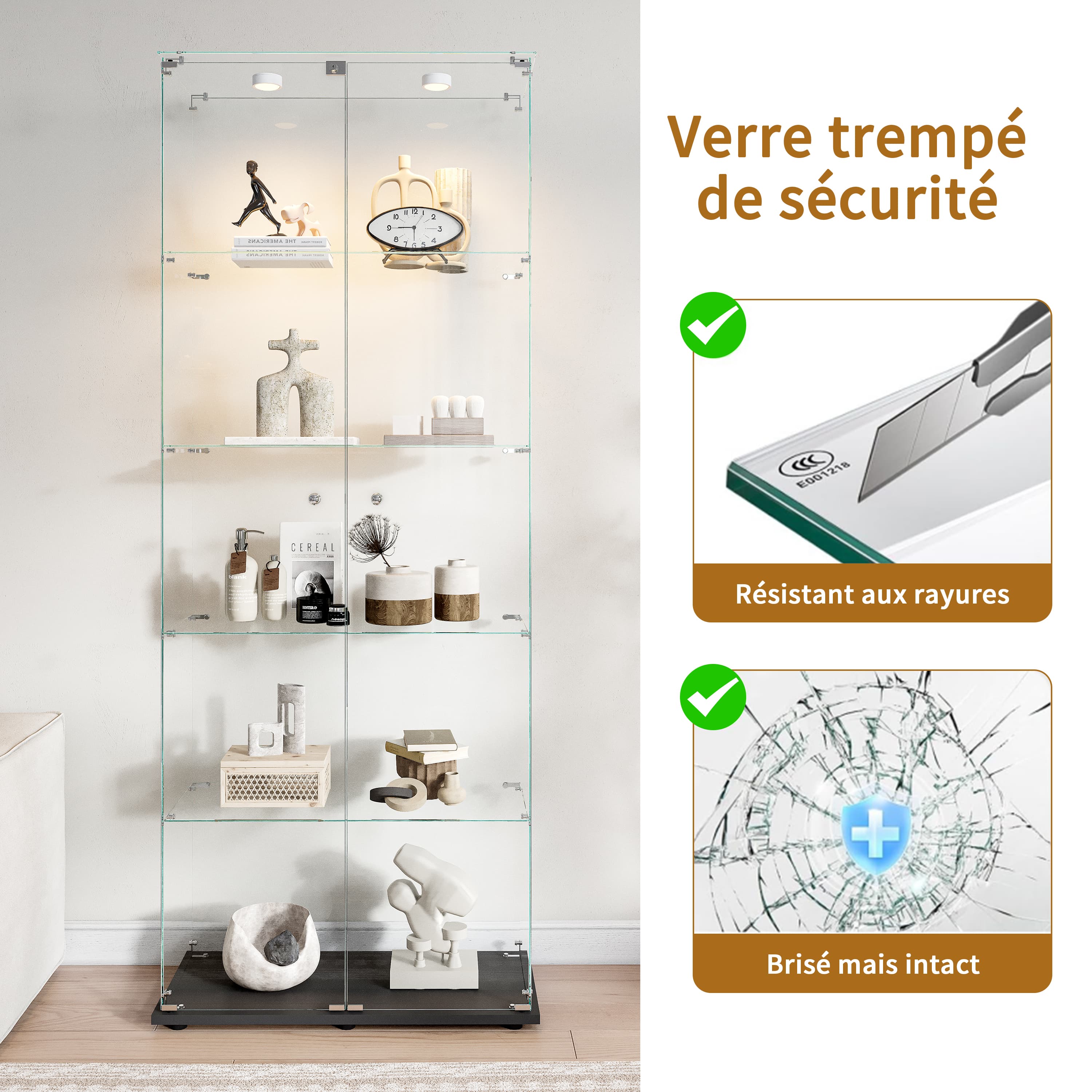 Vitrine à 5 étagères et 2 portes, idéale pour le salon, la chambre ou le bureau. Bibliothèque autoportante en verre blanc. - 6