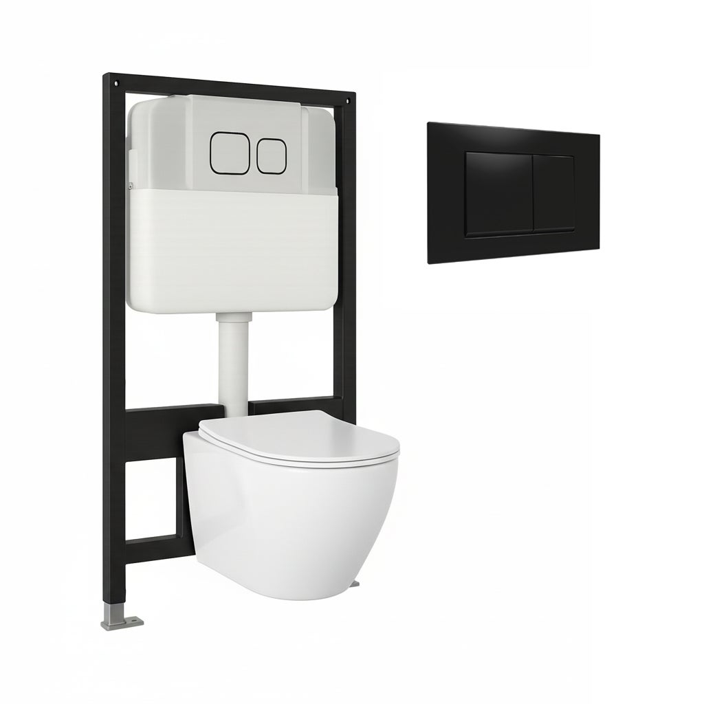 PACK WC SUSPENDU + CHÂSSIS + BOÎTIER DE SUPPORT NATURE | TOILETTE BLANC BRILLANT | BOUTON NOIR | RÉSERVOIR ENCASTRÉ | COUVERCLE AMORTI | ALDAY - 3