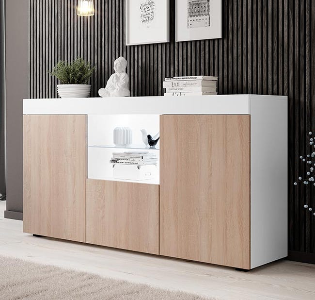 Credenza Gijòn Mobile Mobiletto Soggiorno Salotto Ingresso Sala Da Pranzo 3 Ante 154 X 41 X 75 Cm Colore Bianco Lucido Rovere Chiaro