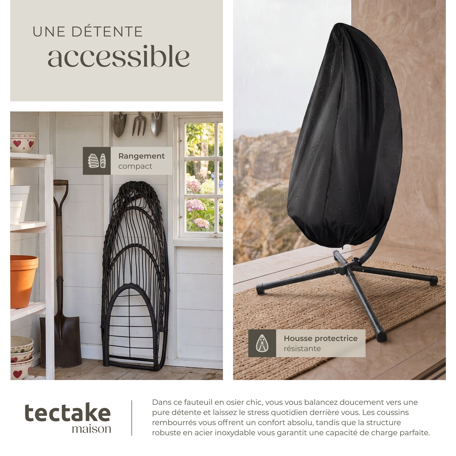 Fauteuil suspendu en acier, pliable, pivotant, coussin épais amovible, gris foncé TECTAKE - 8